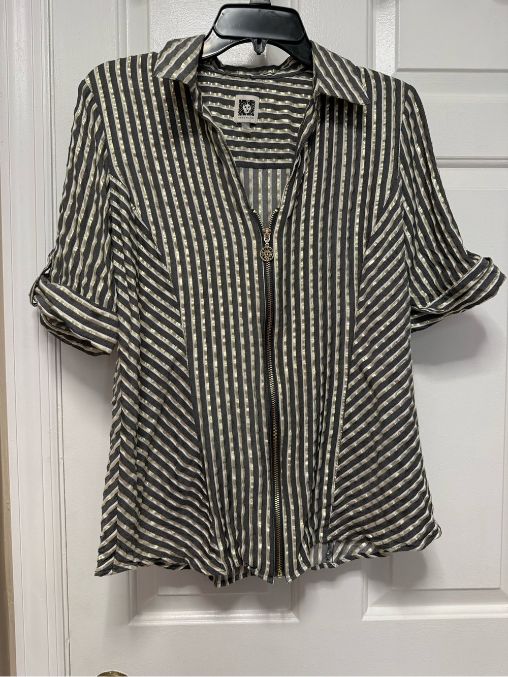 Anne Klein Striped Full Zip Blouse MEDIUM Metallic Gold & Black Classic Chic